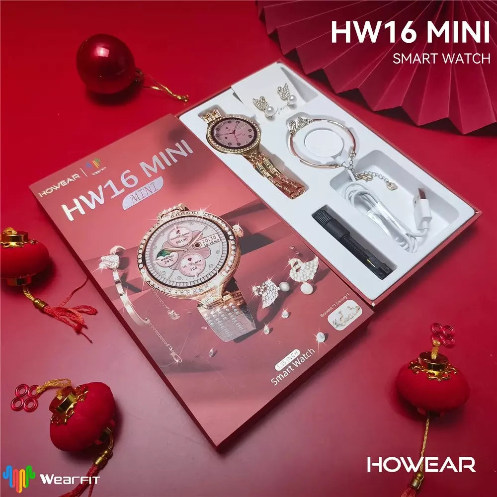 Kit Luxo Edição Limitada: Smartwatch Hw16 Mini Fashion + Bracelete e Brincos de Brinde