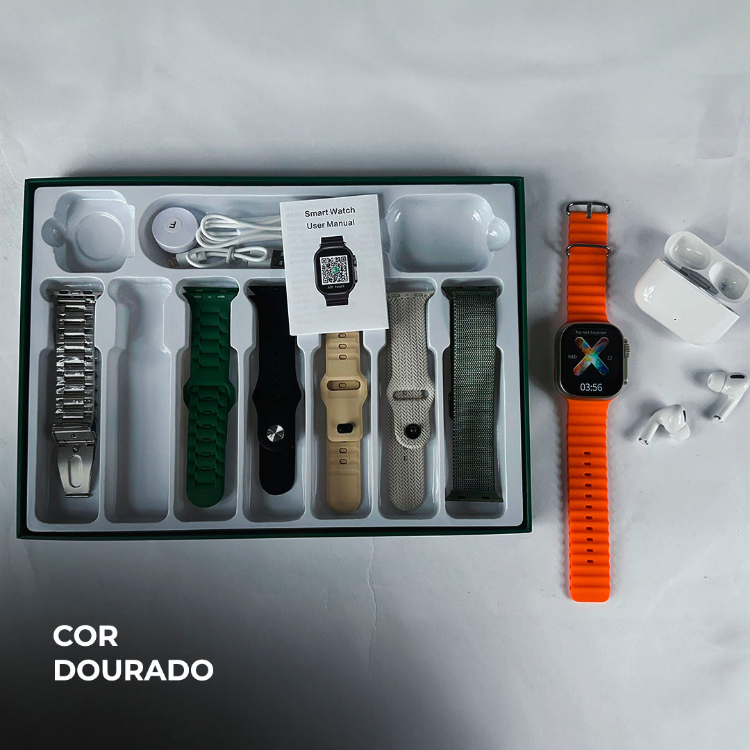 O Kit Definitivo: Smartwatch WS 80 ULTRA 2 (2ª Geração) + Fone Bluetooth e 7 Pulseiras