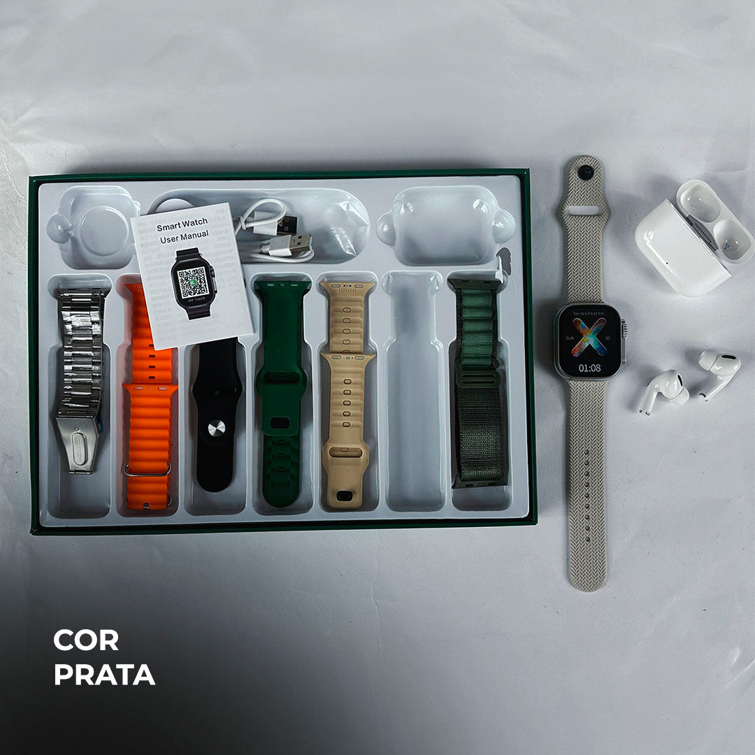 O Kit Definitivo: Smartwatch WS 80 ULTRA 2 (2ª Geração) + Fone Bluetooth e 7 Pulseiras