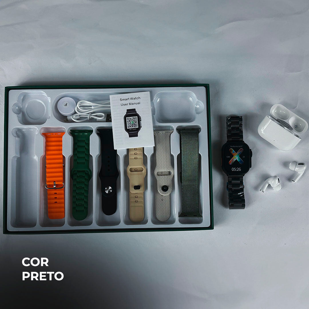 O Kit Definitivo: Smartwatch WS 80 ULTRA 2 (2ª Geração) + Fone Bluetooth e 7 Pulseiras