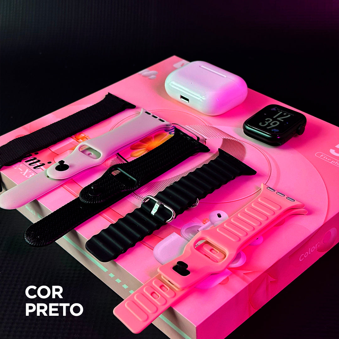 O Kit Mais Completo: Smartwatch X33 Mini com 5 Pulseiras + Fone Bluetooth de Brinde