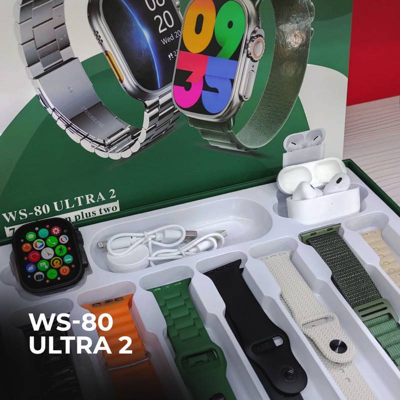 O Kit Definitivo: Smartwatch WS 80 ULTRA 2 (2ª Geração) + Fone Bluetooth e 7 Pulseiras