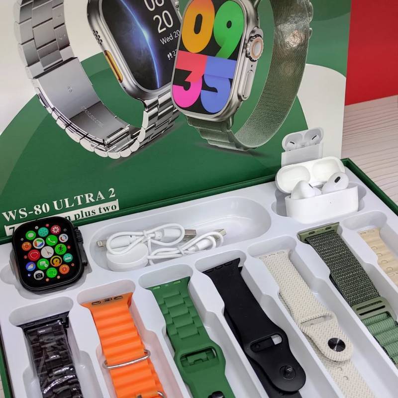 O Kit Definitivo: Smartwatch WS 80 ULTRA 2 (2ª Geração) + Fone Bluetooth e 7 Pulseiras